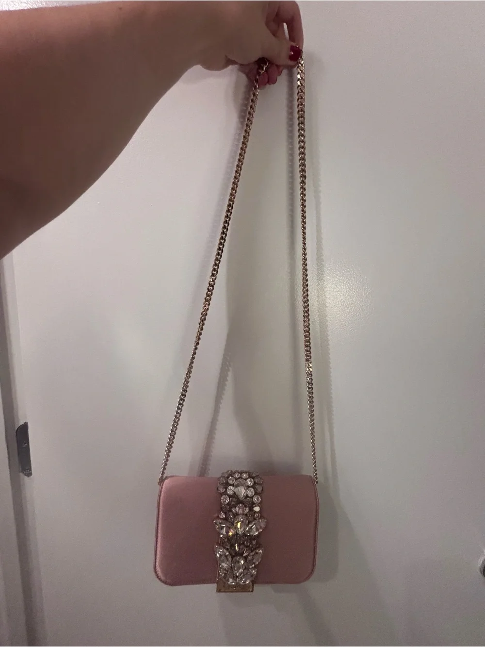 NEW - Never Worn GEDEBE Pink Satin Embellished Crossbody Bag